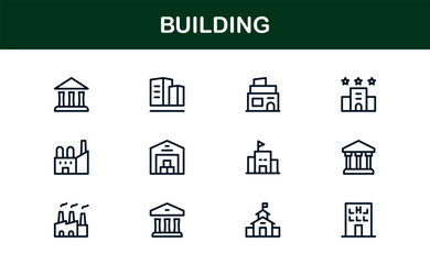 Vector Building Icon Set Featuring Modern Architecture, Construction, Skyscrapers, and Real Estate Symbols