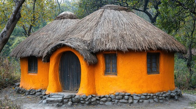 Round orange hut with thatched roof