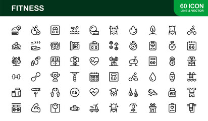 Fitness Professional Line Icon Set – Modern Exercise Symbols for Health, Gym, and Workout Activities in Minimal Outline Style