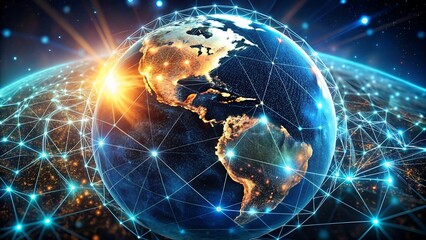 Digital network connecting the earth with glowing lights and data streams