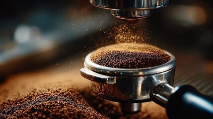 Coffee machine filling portafilter with ground coffee falling from grinder