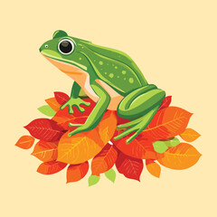 Detailed Illustration of a Frog Sitting on Colorful Fall Leaves