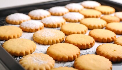 Delicious Homemade Cookies Sprinkled with Powdered Sugar on a Baking Sheet ready