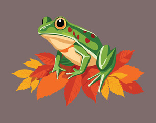 A Realistic Green Frog Sitting on a Pile of Autumn Leaves