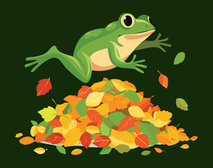 Smiling Frog Leaping on a Large Pile of Autumn Leaves