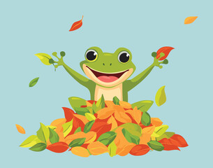 Happy Frog Playing in a Pile of Colorful Autumn Leaves