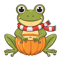 Cheerful Frog in Scarf Sitting in a Pumpkin Basket