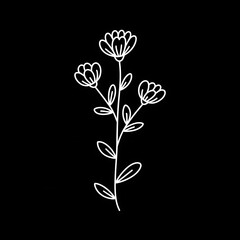 A simple, minimalist line art drawing of a three-blossomed flower on a black background.