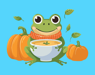 Happy Frog Drinking Soup with Pumpkins and Autumn Leaves