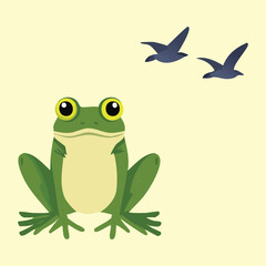 A Cute Green Frog Character Looking at a Bird