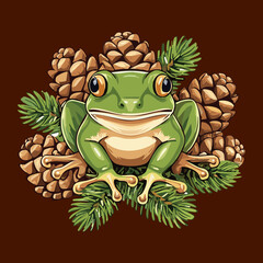 Adorable Frog Character Surrounded by Acorns and Pinecones