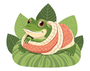 Happy Frog Character Snuggled up in a Leaf Nest