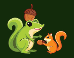 Cute Frog and Squirrel Wearing Tiny Acorn Hats