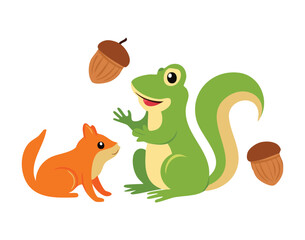 A Cute Frog and Squirrel Character Waving Together