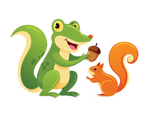 Cute Frog and Squirrel Waving and Playing Happily