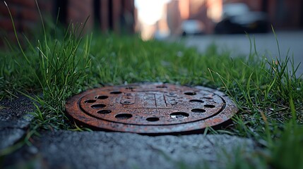 Rusty metal manhole cover nestled in grass-covered urban pavement