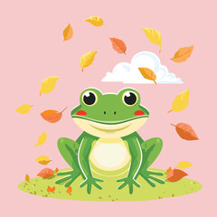 Green Frog Sitting Amidst Falling Autumn Leaves