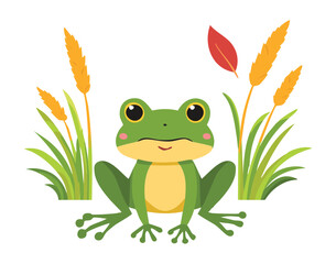 A Happy Frog Sitting in a Pond with Cattail Plants