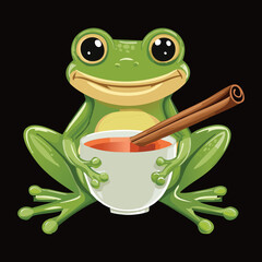 Smiling Frog Character Drinking Tea with Cinnamon