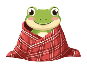 Happy Cartoon Frog Character with a Plaid Blanket