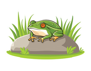 Realistic Green Tree Frog Sitting on a Rock
