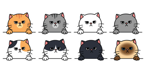 Cute grumpy cat peeking over a ledge collection, vector illustration © Totostarkk9456