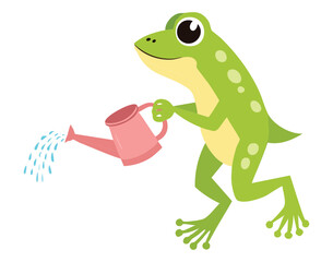 Cute Frog with a Pink Watering Can and a Plant
