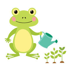 Cute Frog Watering a Plant with a Blue Watering Can

