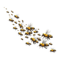 Swarm of bees flying in formation with detailed wings and yellow black striped bodies, showing natural insect behavior in dynamic group movement