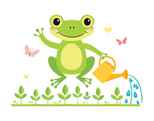 Happy Frog Watering Small Flowers with a Pink Watering Can