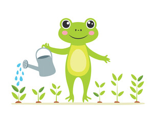 Happy Frog with a Blue Watering Can and a Plant