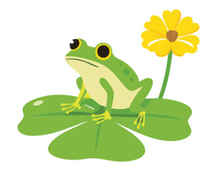 Happy Frogs with a Yellow Flower on a Lily Pad