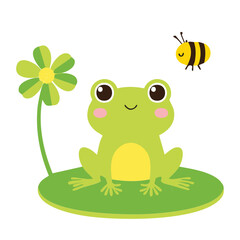 Happy Cartoon Frogs in a Pond with a Flying Bumblebee