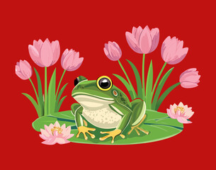 Happy Cartoon Frogs Posing with Pink Lotus Blossoms