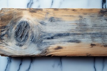 A weathered, rustic wood plank with a knot, showing signs of age and texture, rests on a marble surface.