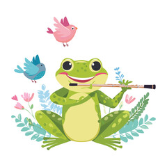 Cheerful Frog Playing a Leaf Flute with Two Singing Birds
