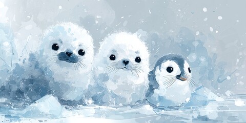 Obraz premium AKWARELOWE PORTRETY MŁODYCH FOK I PINGWINA W ŚNIEŻNEJ SCENERII