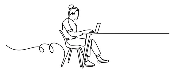 Continuous line art of a woman sitting and working in front of a laptop. Office worker concept. Team worker concept
