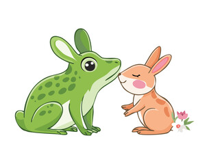 Cute Frog and Bunny Friends Sitting and Smiling