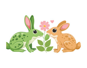 Cute Frog and Bunny Friends on a White Background