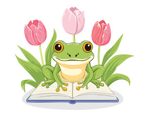 Funny Frog Mascot on a Book with Tulips and Flowers