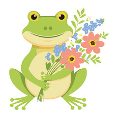 Happy Frog Mascot Holding a Bunch of Wildflowers