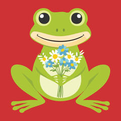 Cheerful Frog Mascot Holding a Bouquet of Flowers