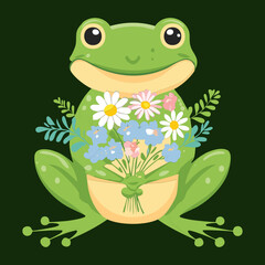 Cheerful Frog Mascot Holding a Bouquet of Daisies
