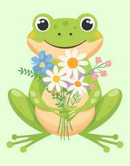 Smiling Frog Mascot Holding a Bunch of Wildflowers