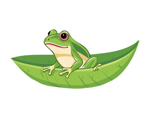 Smiling Frog Character Sitting on a Long Green Leaf