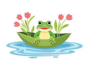 Small Cute Frog Sitting in a Boat Made of Leaf