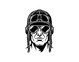 Monochrome vector of a pilot wearing a cap and aviator glasses