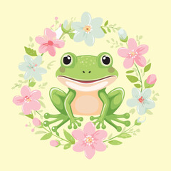 Cheerful Frog Surrounded by Pastel Flowers and Leaves