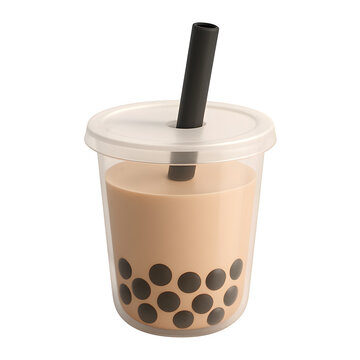 3D Render of Bubble Tea Cup with Tapioca Pearls and Straw